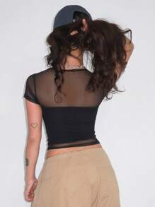 DAZY Women's Semi-Sheer Tube Crop Top Mesh Fitted Short T-Shirt Y2k - Black - View 5