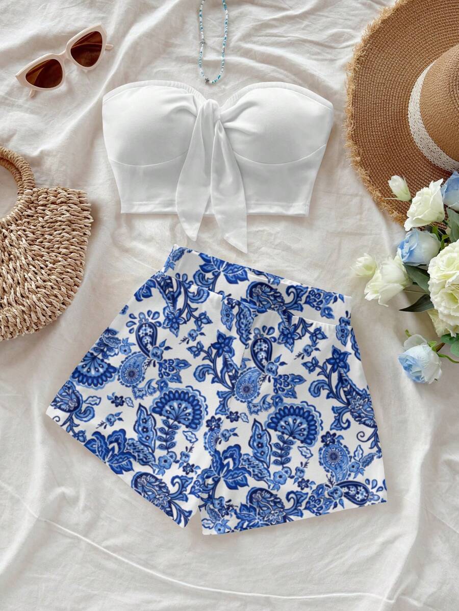 Soleia 女士沙滩装复古佩斯利印花露肩短款上衣和短裤两件套，夏季服装