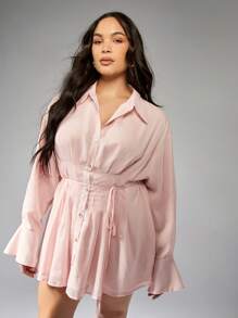 MISSGUIDED PLUS 优雅加大码衬衫连衣裙长钟袖褶皱婚礼客人女性纽扣羽绒腰带Midi连衣裙办公室工作商务专业春秋 - 粉色 - 查看 1