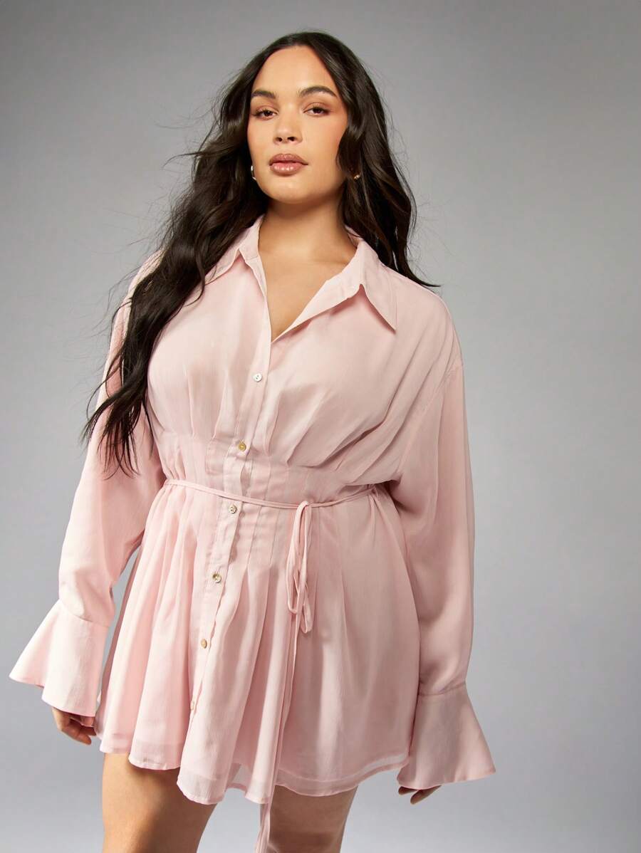 MISSGUIDED PLUS 优雅加大码衬衫连衣裙长钟袖褶皱婚礼客人女性纽扣羽绒腰带Midi连衣裙办公室工作商务专业春秋 - 粉色 - 查看 1