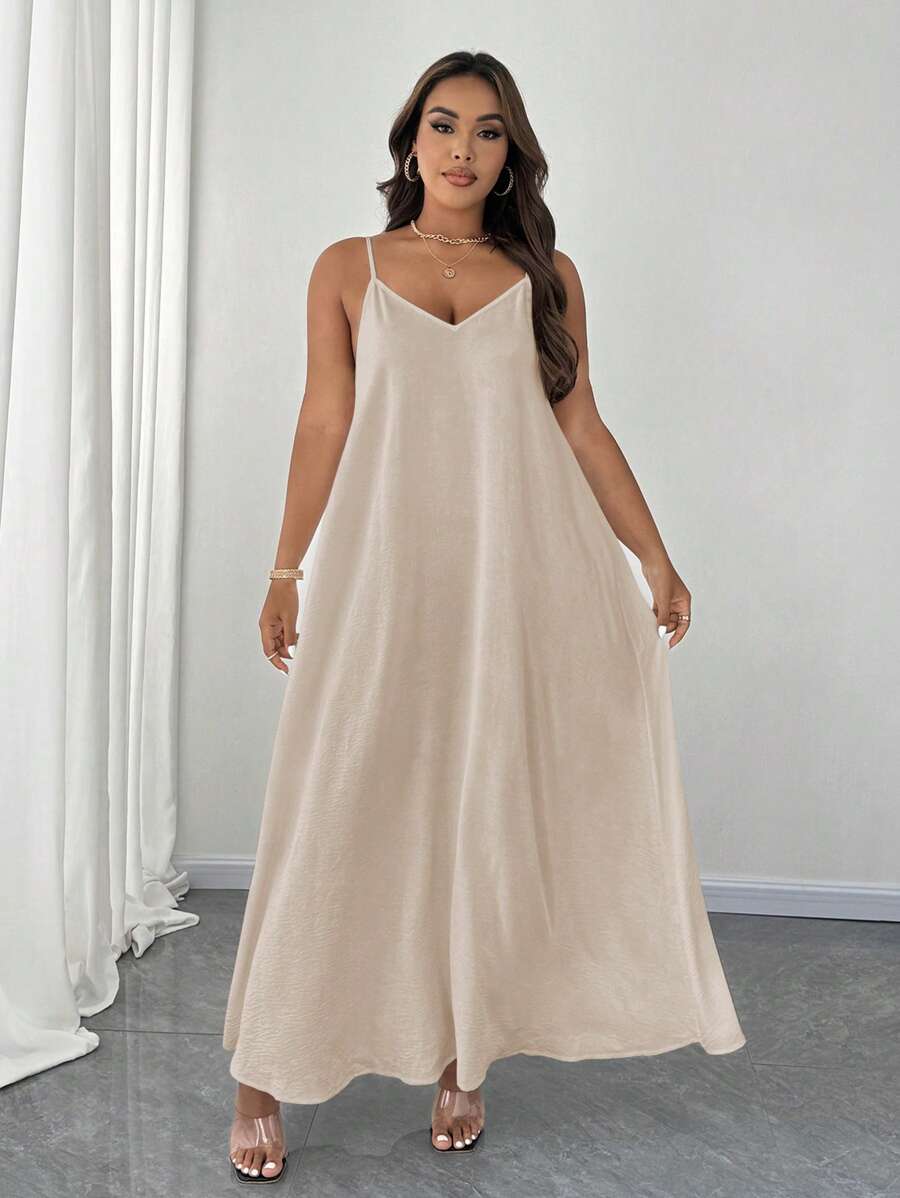 Maweii Plus Size Elegant Solid Color Spaghetti Strap Dress Maxi Women Outfit - Khaki - View 1