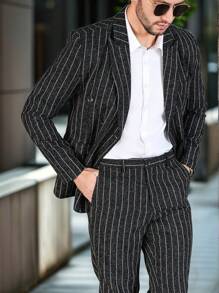 Manfinity Mode Men's Business Commuter Striped Double-Breasted Blazer And Trousers Suit Set - Black - View 5