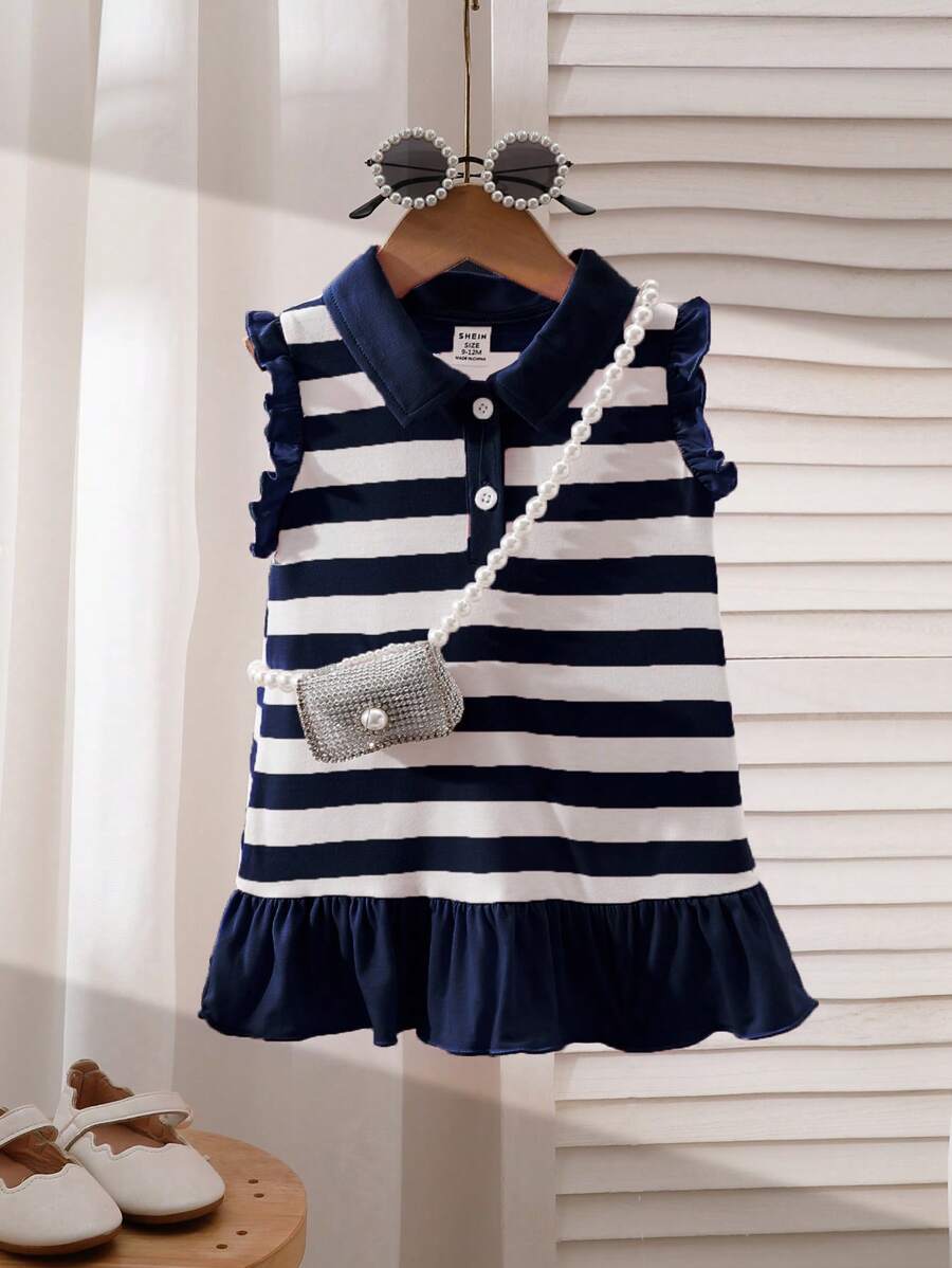 SHEIN Playful Pals Baby Girls' Casual Cute Ruffle Sleeve Striped Knit Dress, Summer Korean Style - Royal Blue - View 1