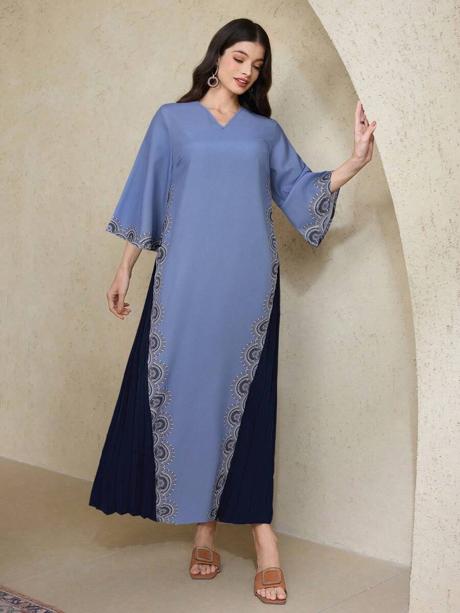 Al Najma 女士优雅拼布褶皱土耳其和阿拉伯传统长裙，朴素的卡夫坦 - 藍色 - 查看 1