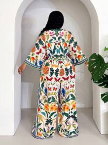 Veslaya 女士大码浪漫花卉印花系腰宽松连体裤，优雅度假装 - 彩色 - 查看 6