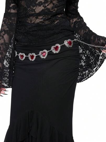 ROMWE Grunge Punk 1 pieza Cadena de cintura con decoración de rosa con forma de corazón de estilo gótico, accesorio de goteo de aceite rojo para vestidos, uso versátil diario, Halloween