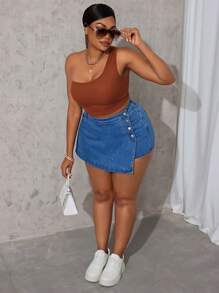 SHEIN SXY Plus Size Women Cowgirl Style Elastic Blue Asymmetrical Denim Shorts  Summer Outfits For Women Festival Outfits  Skorts Vacation Outfits Woman - Blue - View 3