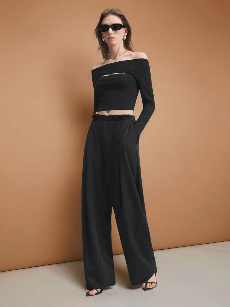 2025 New Arrival Urban Chic Black Pleated Front Design Casual All-Match Trousers, Fashionable Women Long Pants