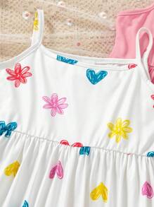 SHEIN Genkimix Kids 3 件套女童无袖连衣裙套装，弹力豹纹条纹休闲度假派对连衣裙，弹力吊带背心，色块，豹纹，花卉印花，适合夏季 - 彩色 - 查看 8