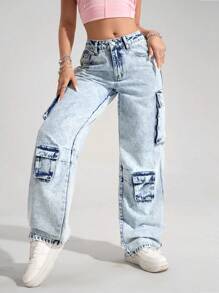 SHEIN EZwear Women's Loose Cargo Pocket Wide Leg Casual Denim Jeans - Light Wash - View 5