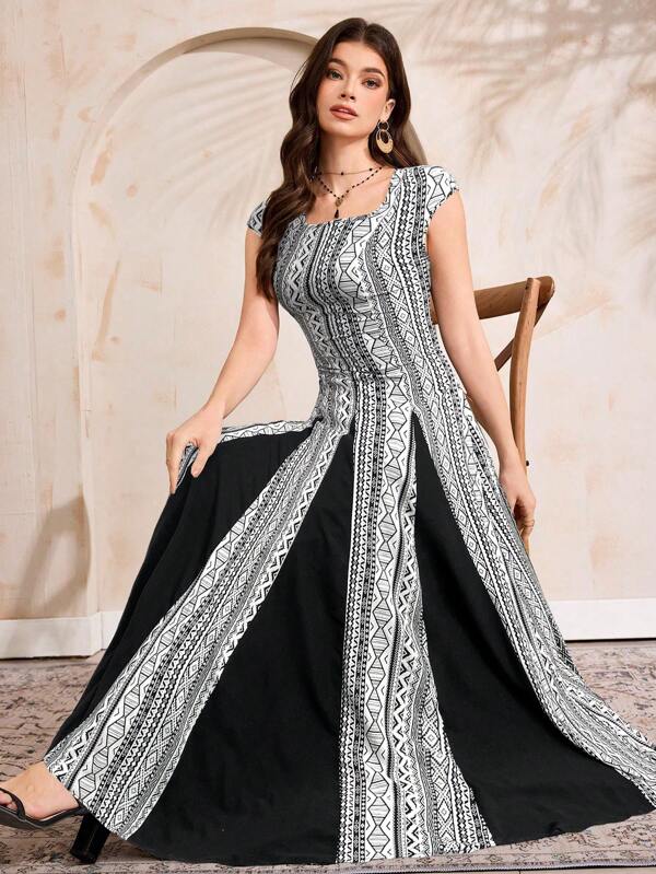 Al Najma Women Elegant Geometric Print Patchwork Arabic Style Long Dress