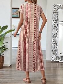 EMERY ROSE Women's Vacation Geometric Print Round Neck Batwing Short Sleeve Dress