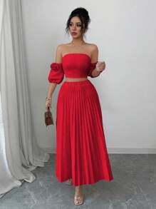 Elenzga 2pcs Set Women Off-Shoulder Cropped Top With 3D Floral Decor And High Waist Pleated Skirt - Red - View 1
