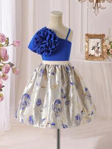 SHEIN Bộ 2 chiếc/Bộ áo ba lỗ và váy trang trí hoa một bên vai cho bé gái - Màu xanh lam - Xem 1
