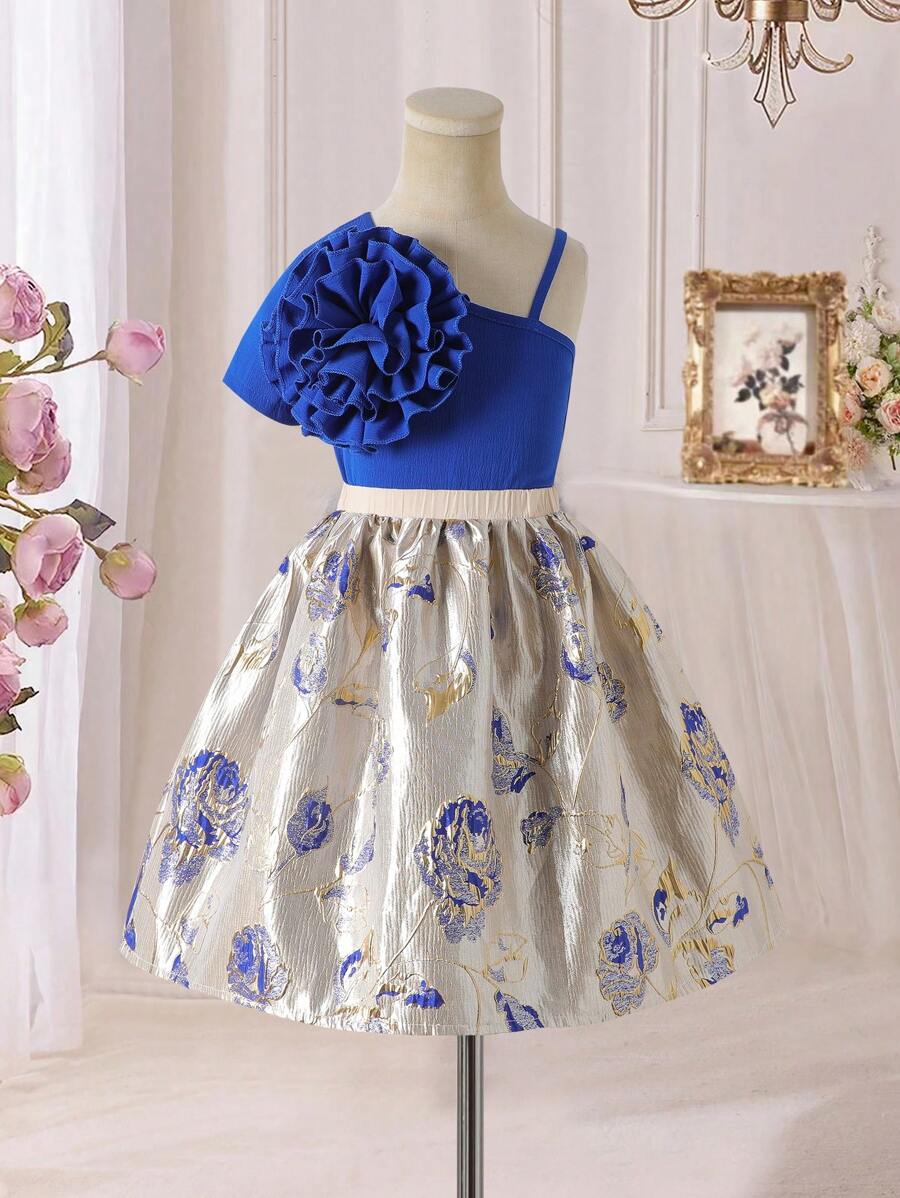 SHEIN Bộ 2 chiếc/Bộ áo ba lỗ và váy trang trí hoa một bên vai cho bé gái - Màu xanh lam - Xem 1