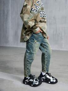 SHEIN YOUNG BOYS Vintage Distressed Washed Straight Leg Jeans, Casual Fashion Street Style Denim Pants For Boys