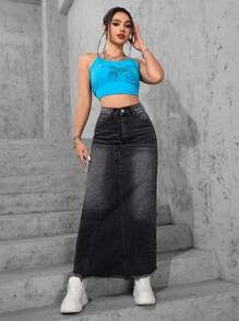 Jeanoix Casual Washed Fringed Long Denim Skirt - Black - View 4