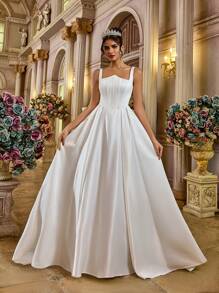 Glamrae 优雅浪漫不对称领口细肩带 V 型腰线褶皱超喇叭裙 U 型后背系带超大蝴蝶结装饰背部设计婚礼新娘礼服