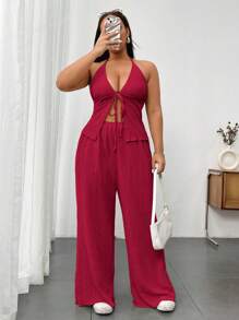 Flirla Plus Size 2Pcs Set: Textured Backless Halter Neck Top & Pants - Red - View 3