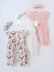 SHEIN 3pcs Baby Girls Casual Cute Butterfly Print Cap Sleeve Romper Set + Headband - Multicolor - View 3