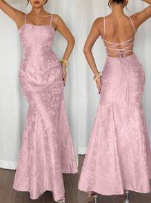 Chiquease Đầm dự tiệc thời trang đa năng, dáng ôm vừa vặn, dây mảnh, hở lưng, buộc eo, màu xanh - Hồng - Xem 2