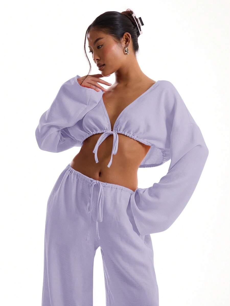 MUSERA Linen Feel Tie Front Wide Sleeve Beach Top  Vacation Beach Holiday Ibiza Going Out Tops Club Christmas,Elegant