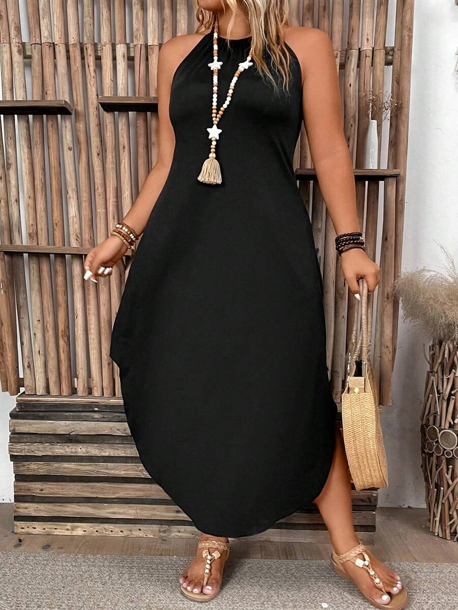 SHEIN Tall Plus Size Women's Solid Color Simple Daily Open Shoulder Dress - Black - View 1