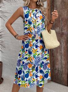 EMERY ROSE Vestido casual de línea A sin mangas con estampado, de verano