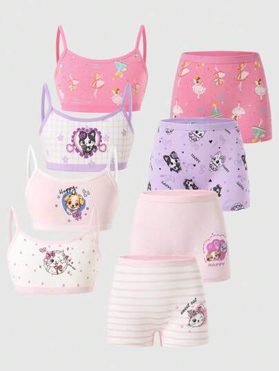 4pcs/Set Young Girl Cute Puppy/Cat/Fairy Printed Assorted Pink, Pinkish Red, Light Purple, White Matching Underwear Set
