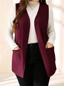 EMERY ROSE Plus Size Jednolity kolor Bez rękawów Luźna kieszeń Prosta swobodna kurtka, Wiosna/Lato