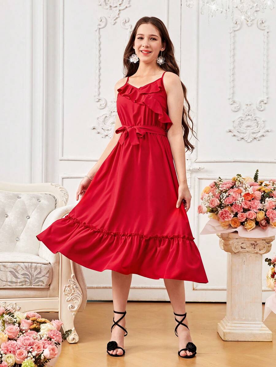 Vestido elegante con volantes y tirantes elegante color rojo, adecuado para fiestas en primavera y verano para adolescentes - Blanco - Ver 1