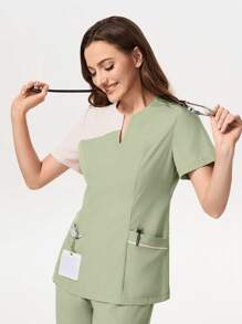 SHEIN TaskFit Bộ đồng phục áo và quần cổ chữ V màu tương phản dành cho nữ - màu xanh lá - Xem 6
