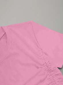 SHEIN Unity Women Plain Round Neck Short Sleeve Drawstring Casual Versatile T-Shirt - Pink - View 4