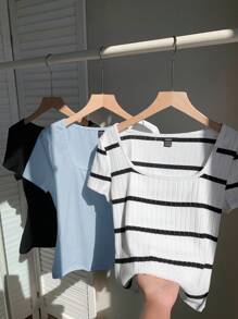 Comfortcana 3 件套女士基本款圆领短袖短款上衣，黑色/白色/蓝色 - 藍色 - 查看 5