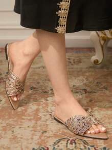 CUCCOO TILAWA New Outdoor Ladies Flat Sandals, Pointed Toe Fashion Rhinestone Decor Black Velvet Slippers, Soft Sole Comfortable Casual Slip-On For Party And Commute, Summer Women Shoes - Champagne - View 4