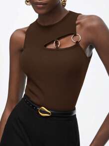 Maija 2025 Summer New Asymmetrical Cut-Out Hollow Round Metal Ring Decor Women's Vest Top, Business Casual Elegant Beach Resort Suitable For Wedding Guest, Countryside Music Festival, Breakfast, Airport Outfit, 90s Retro Stockholm Chic, Independence Day