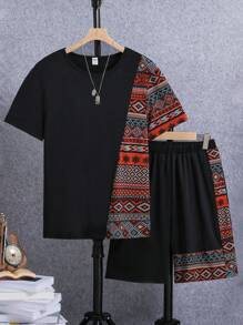 SHEIN Tween Boys Retro Style Patchwork Short Sleeve And Shorts Outfit - Multicolor - View 5