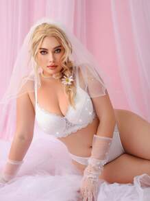 SHEIN 1 件大码婚礼蕾丝拼布钢圈文胸 - 白色 - 查看 1
