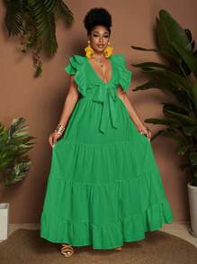 Maweii Vestido Plus Size Feminino Casual A-Line Alça, Cor Sólida - Verde - Ver 4