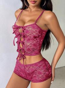 EgrlEra Summer Sexy Plain Lace See-Through Tank Top And Shorts Slim Fit Set Y2K Outfit  - Hot Pink - View 5