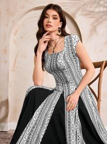 Al Najma 女士优雅几何印花拼布阿拉伯风格长裙 - 白色 - 查看 2