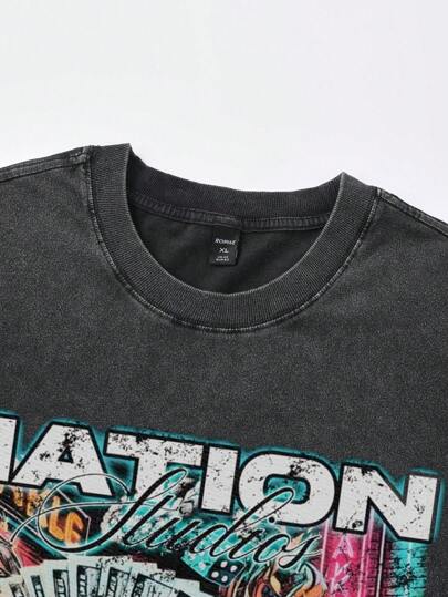 Camiseta de manga corta con estampado desvanecido y corte relajado para hombre