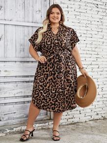SHEIN CURVE+ Plus Size Women Leopard Print Short Sleeve Mini Dress - Multicolor - View 10