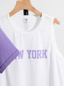 Ensemble 3 pièces pour préadolescents: polo violet et blanc, shorts à taille élastique, et débardeur imprimé de lettres sans manches. Convient pour les vacances d'été, les tenues décontractées et de sport