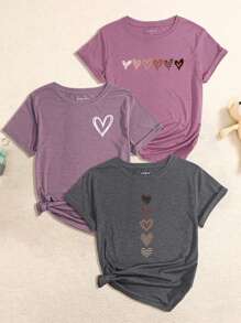 Women Heart Print Round Neck Short Sleeve Casual Regular T-Shirt - Multicolor - View 1