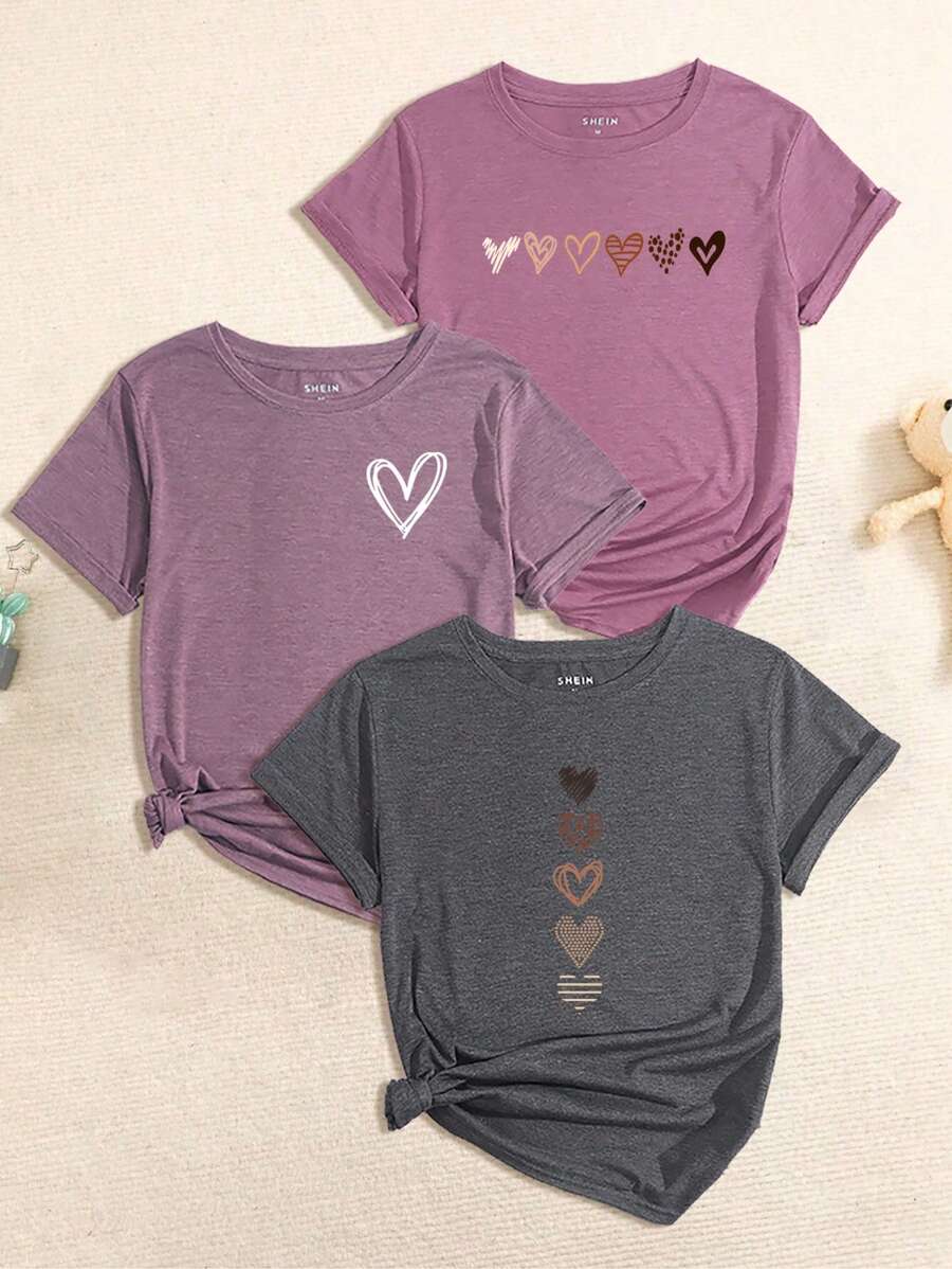 Women Heart Print Round Neck Short Sleeve Casual Regular T-Shirt - Multicolor - View 1