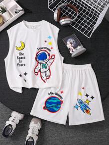 2pcs/Set Kids/Tween Boys Korean Style Casual Versatile Printed Pattern Sleeveless Crew Neck Loose Tank Top And Shorts Knit Set - White - View 2