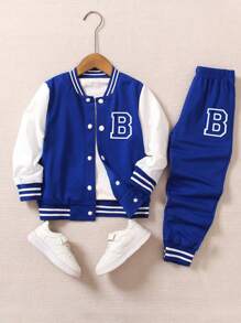 SHEIN Explorewe Set de 2 piezas Outfit estilo universitario para niño joven: Parte superior de punto negra con mangas blancas contrastantes, con letra impresa en la parte delantera izquierda, pantalones deportivos a juego con estampado, cuello, puños y bajo acanalados, cintura elástica para mayor comodidad, adecuado para uso casual, ropa deportiva, ropa escolar o viajes en primavera y otoño - Azul - Ver 5