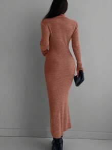 EURMUSE High Neck Ribbed Knit Jumper Dress Without Belt - Pink - View 2