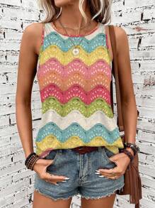 SHEIN LUNE Knitted Effect Colorful Pattern Casual Music Festival Tank Top For Women, Suitable For Summer